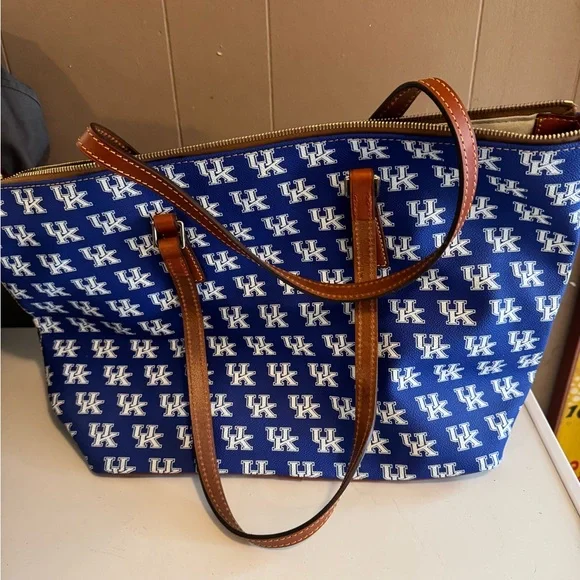 Dooney & Bourke Blue and Brown Tote Bag with Leather Accents - Picture 2 of 8